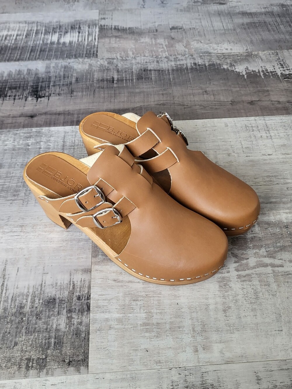 Bjork Sweden 38 7.5- 8 Brigetta Mid Heel Brown Leather Wood Clog Shoes Buckle